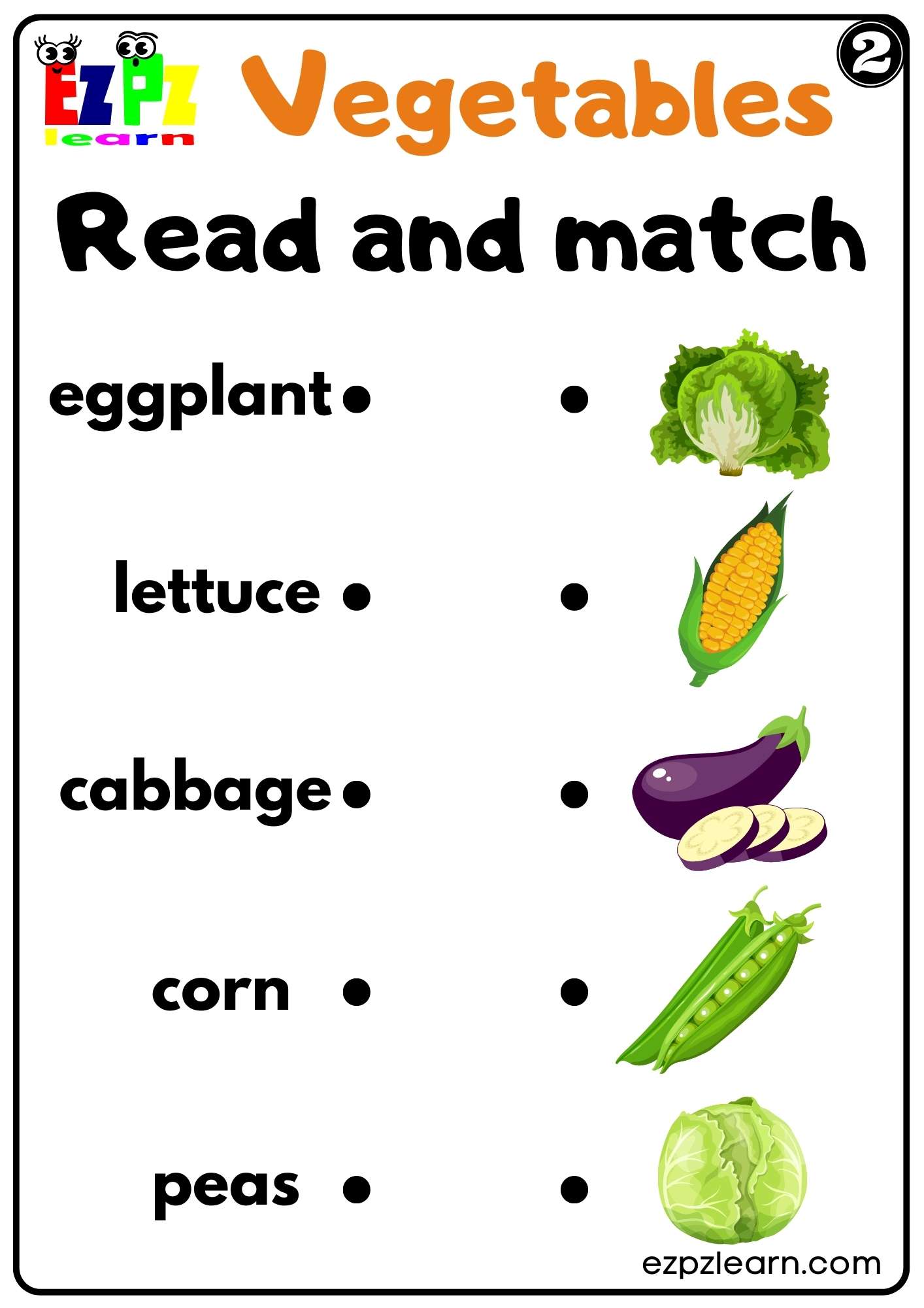 Vegetables Read and Match Worksheet for Kindergarten K5 and ESL Students Set 2